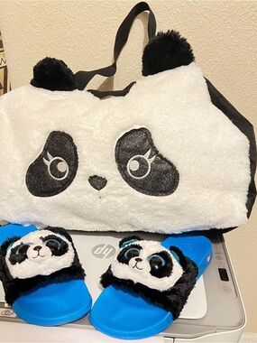 Ty Black & White Panda Bag with Bright Blue Panda Slides